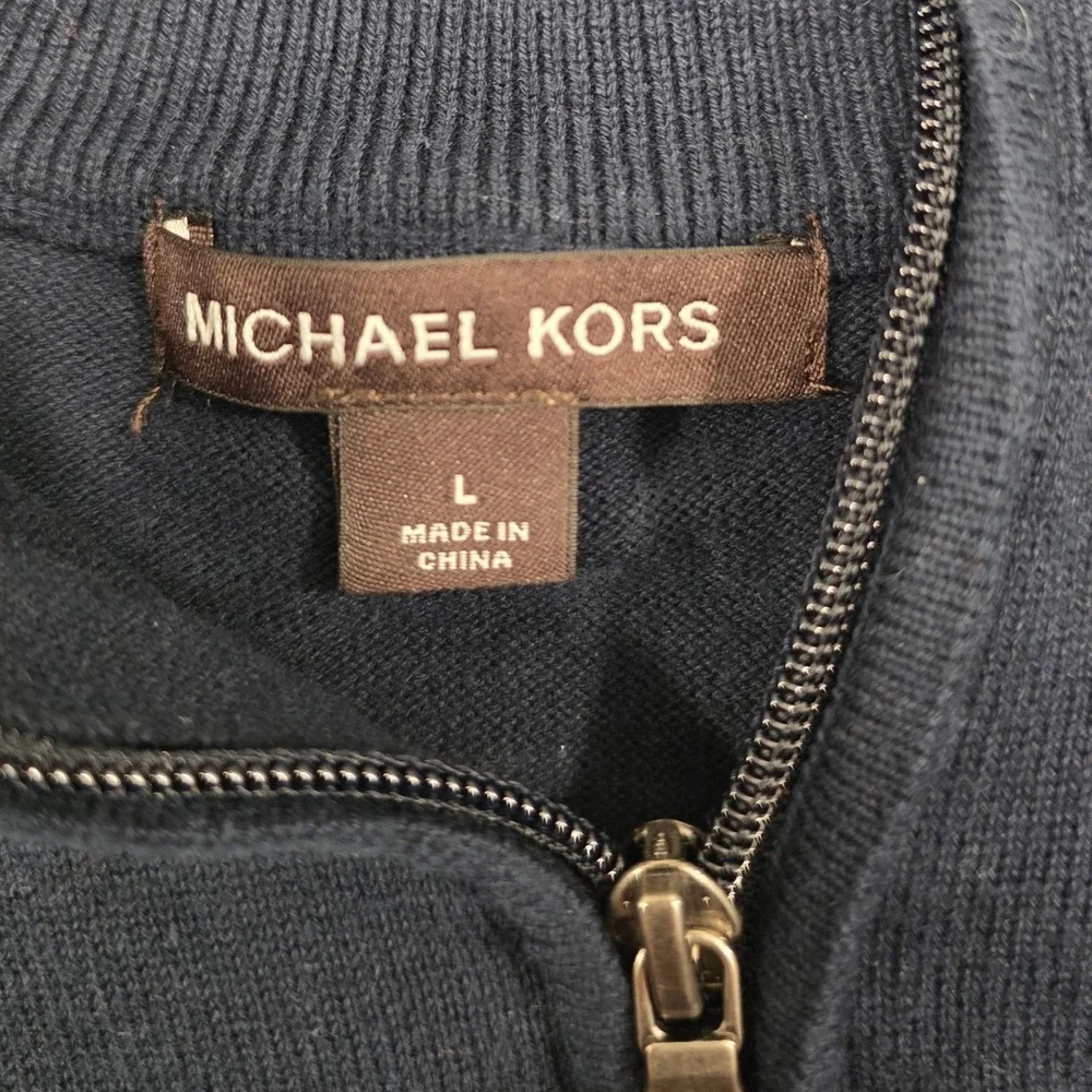 Michael Kors Mens Navy Blue Quarter Zip Sweater Nylon Shoulder Patches Large